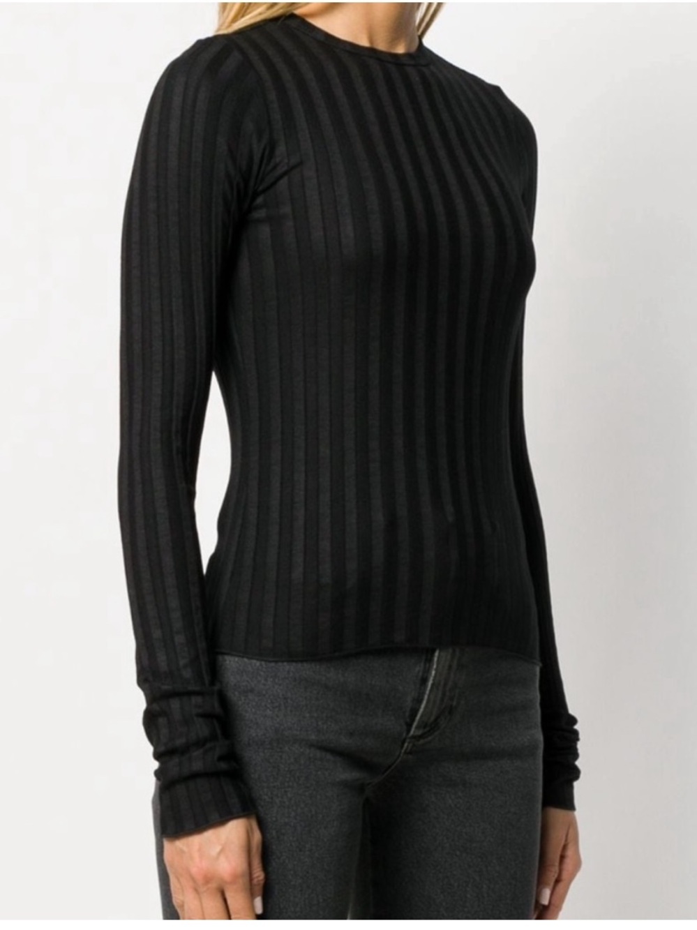 Simon Miller Black Vertical Rib Long Sleeve Top sz 3/L Made in LA Tencel